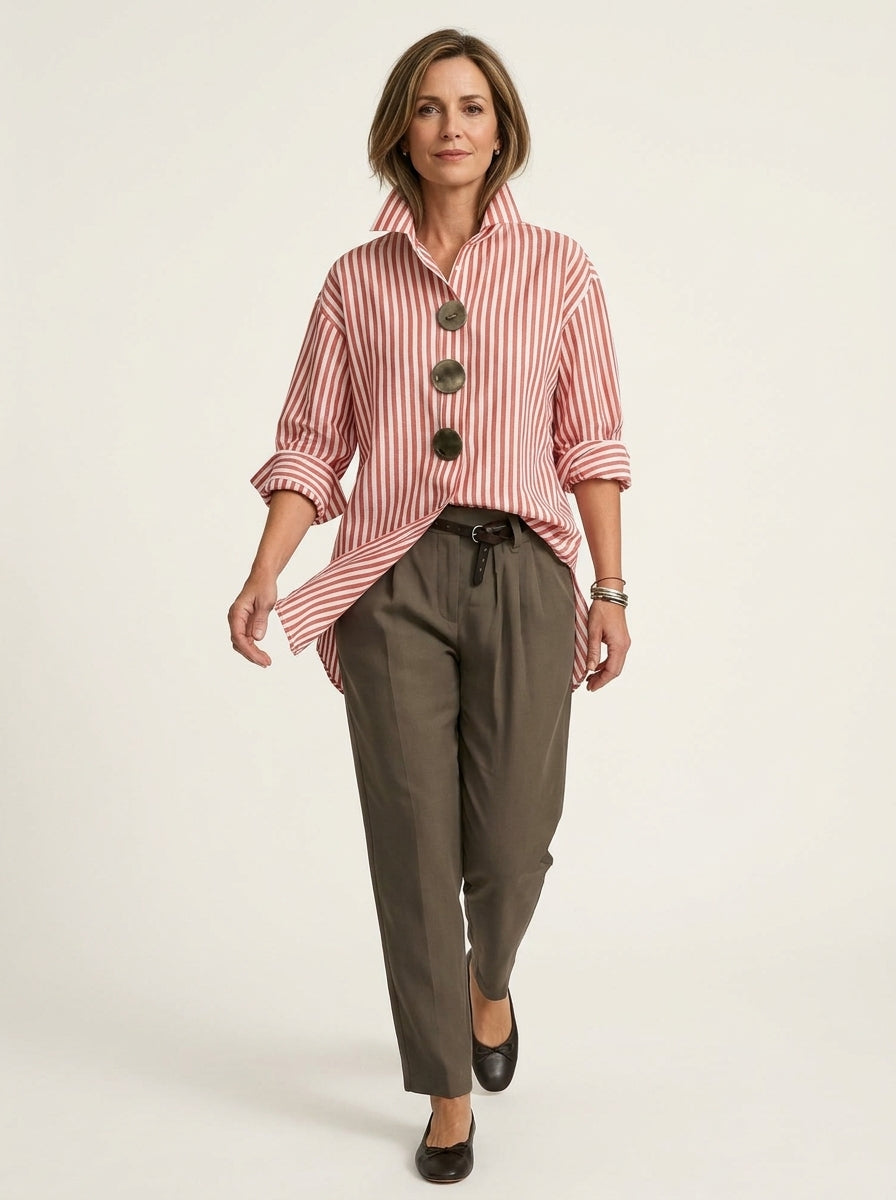 Elegant Cotton Linen Striped Shirt - Red White Metal Button Long Sleeve Top