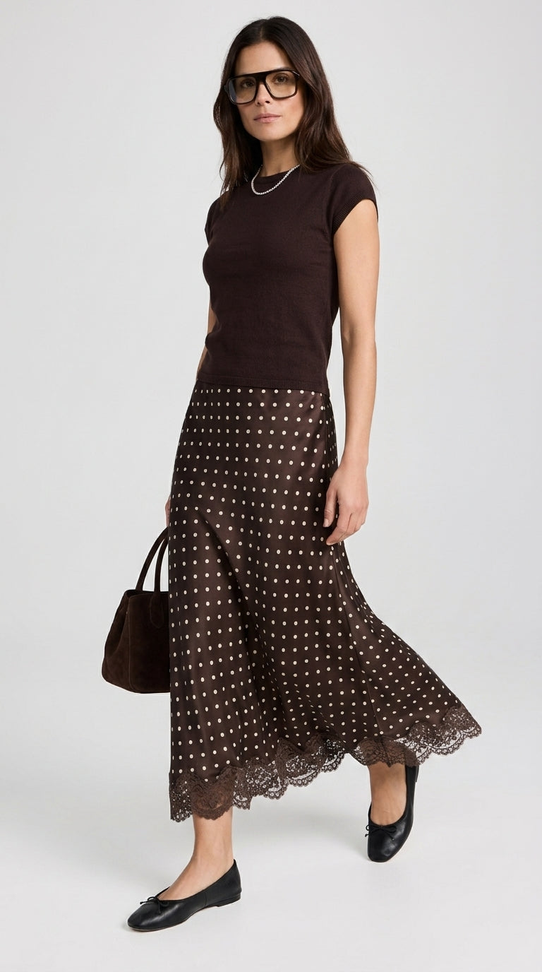Polka Dot Satin Skirt with Lace Detail in Dark Brown - Elastic Waist Lace-Trim Maxi Skirt