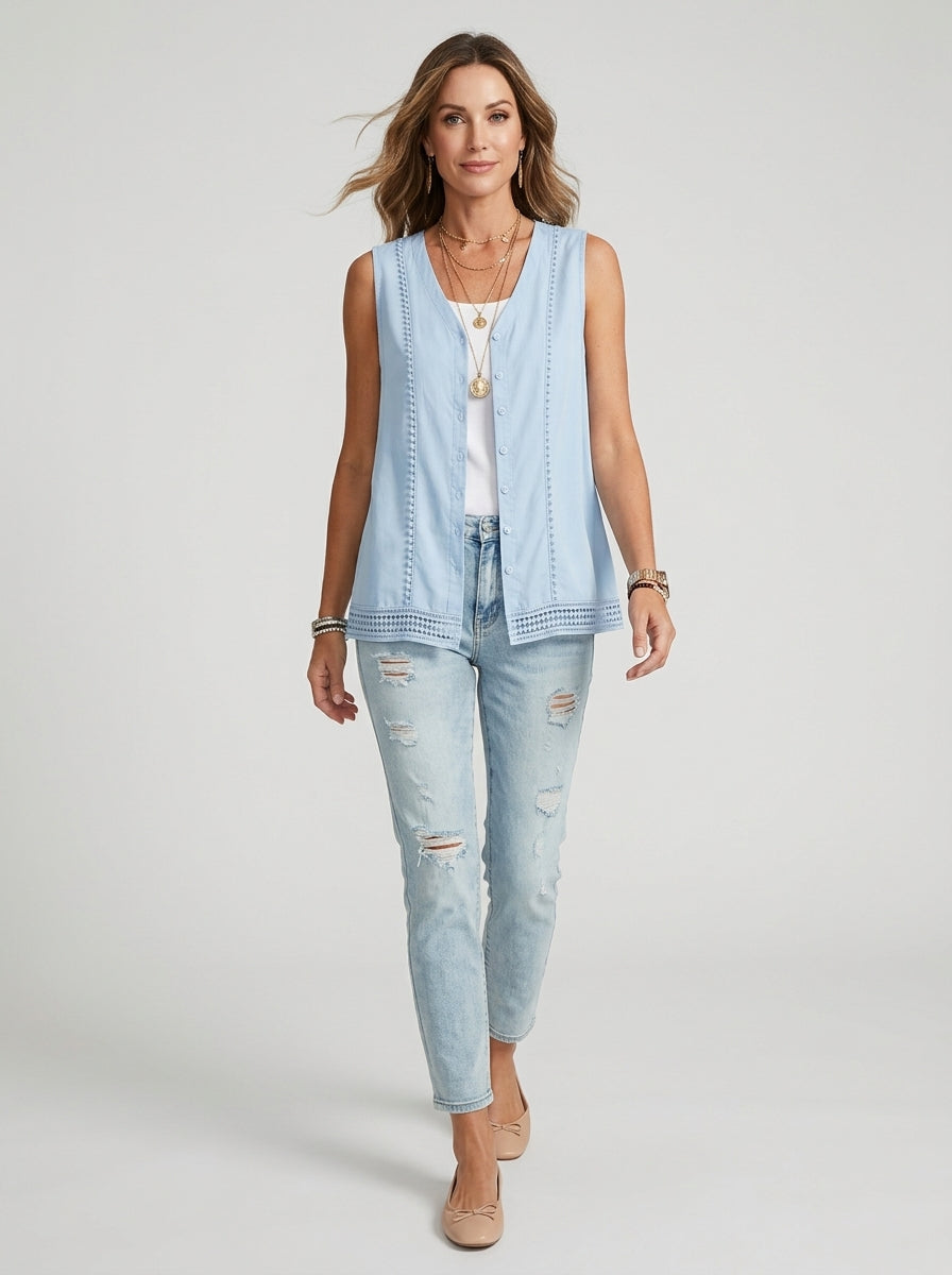 Blue Crochet Trim Button Vest - Sleeveless Linen Cotton Cardigan
