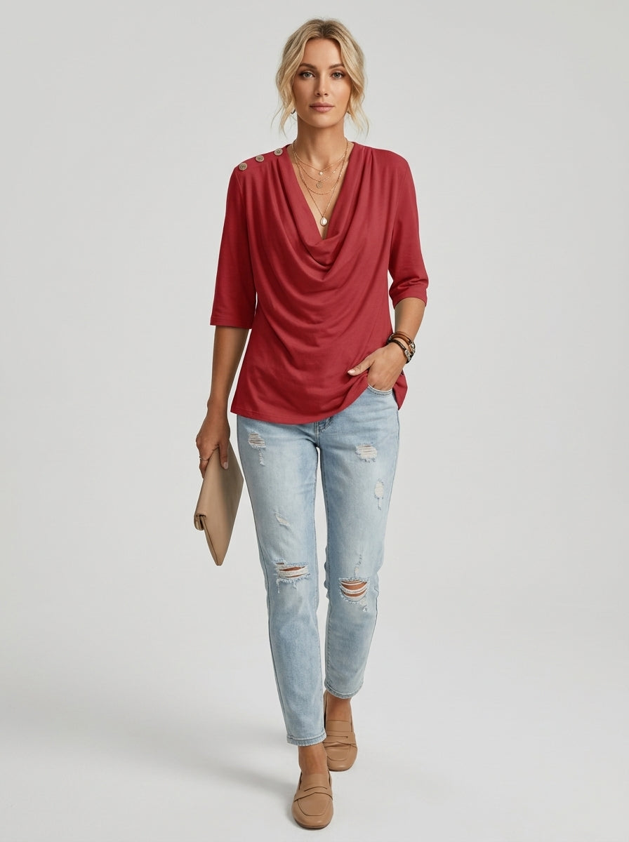 Elegant Cotton Blend Top - Red Cowl Neck Button-Shoulder Blouse