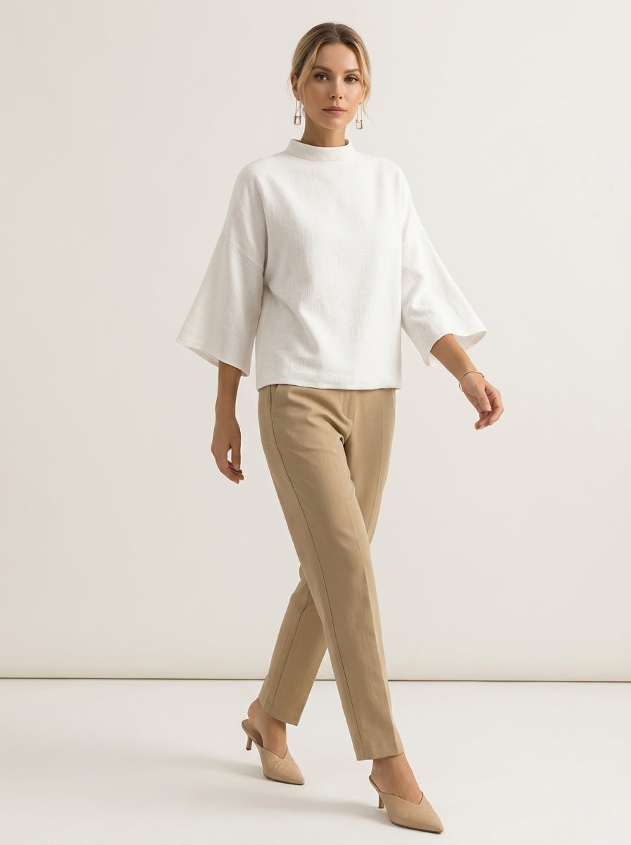 Minimalist Cotton Linen Shirt - White Mock Neck Short Sleeve Top