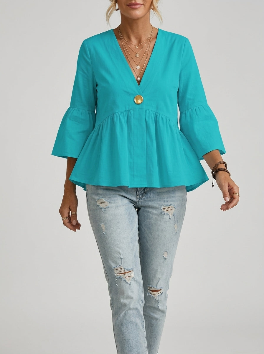 Casual Relaxed V-Neck Peplum Top in Turquoise - Bell Sleeve Single-Button Blouse
