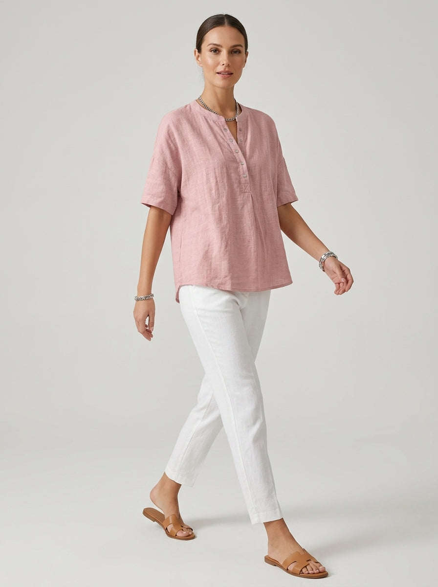 Casual Cotton Linen Henley Top in Dusty Pink - Snap-Button Short Sleeve Blouse