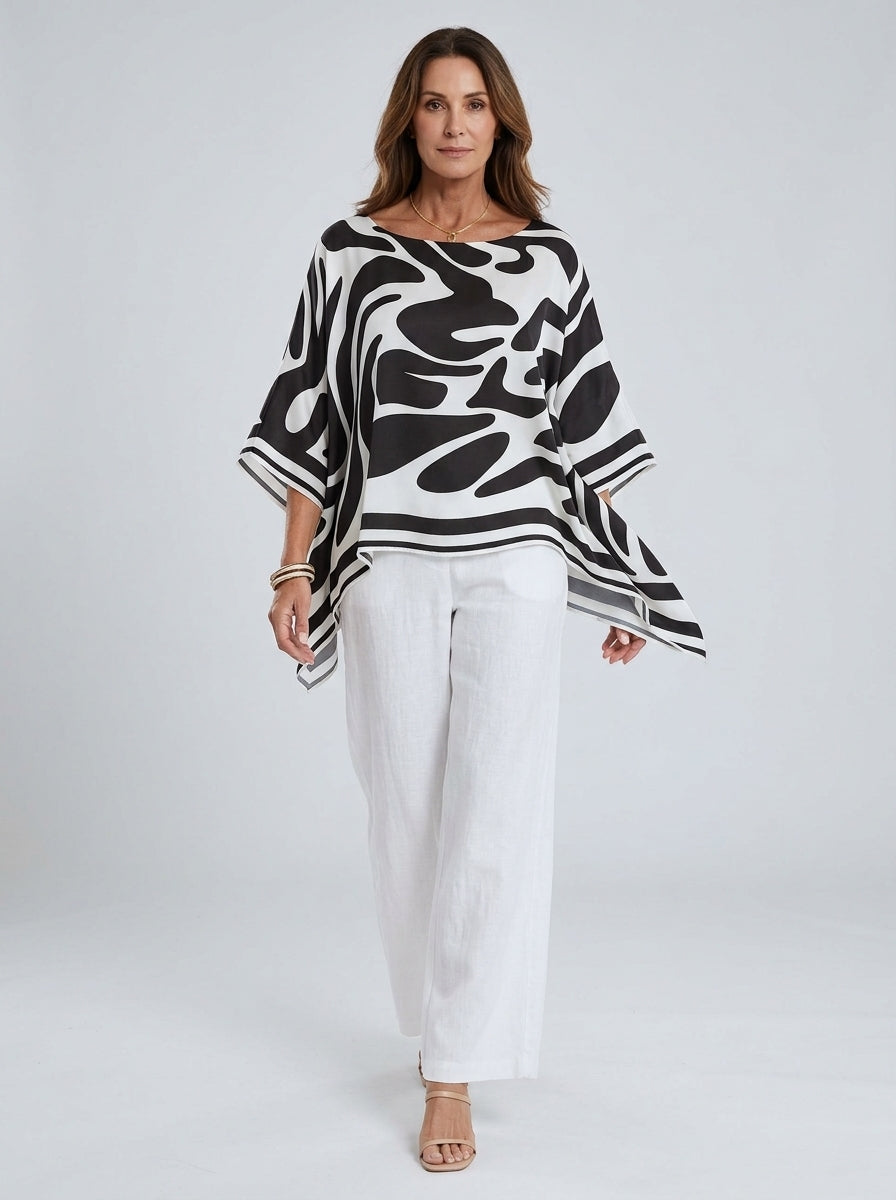 Casual Abstract Swirl Print Asymmetric Hem Top in Black and White - Round Neck Long Sleeve Blouse