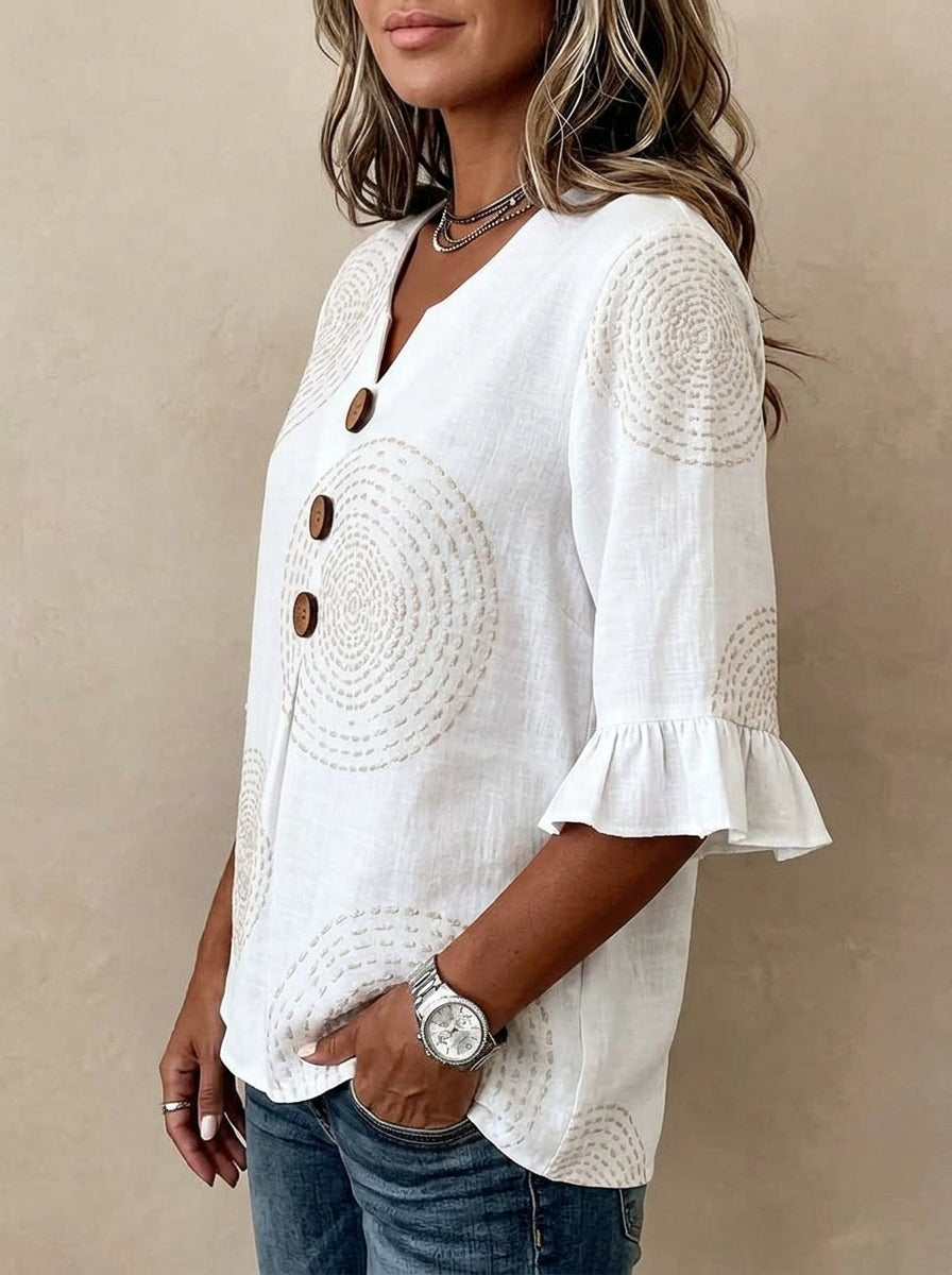 White Circle Print Wood Button Blouse - Ruffle Sleeve V-Neck Top