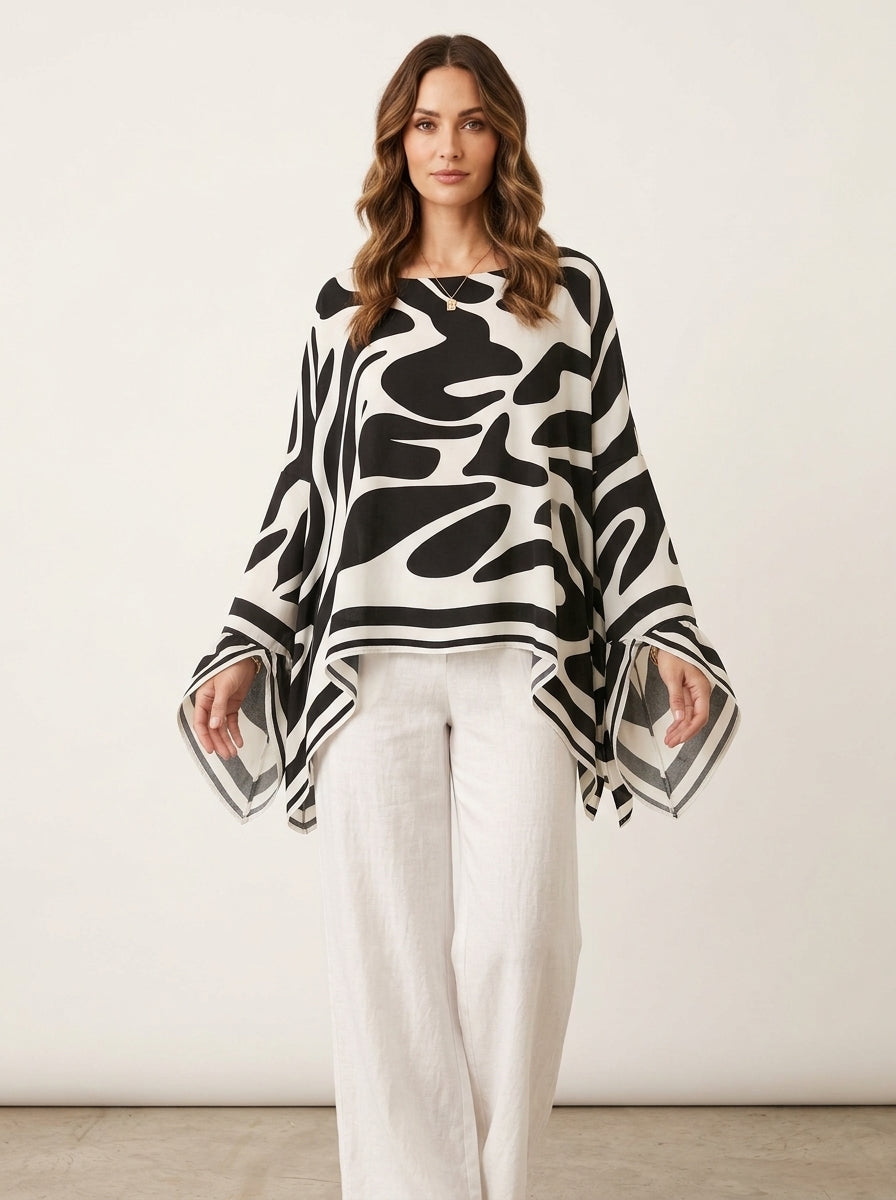 Casual Abstract Swirl Print Asymmetric Hem Top in Black and White - Round Neck Long Sleeve Blouse