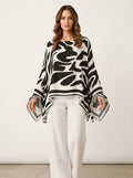 Casual Abstract Swirl Print Asymmetric Hem Top in Black and White - Round Neck Long Sleeve Blouse