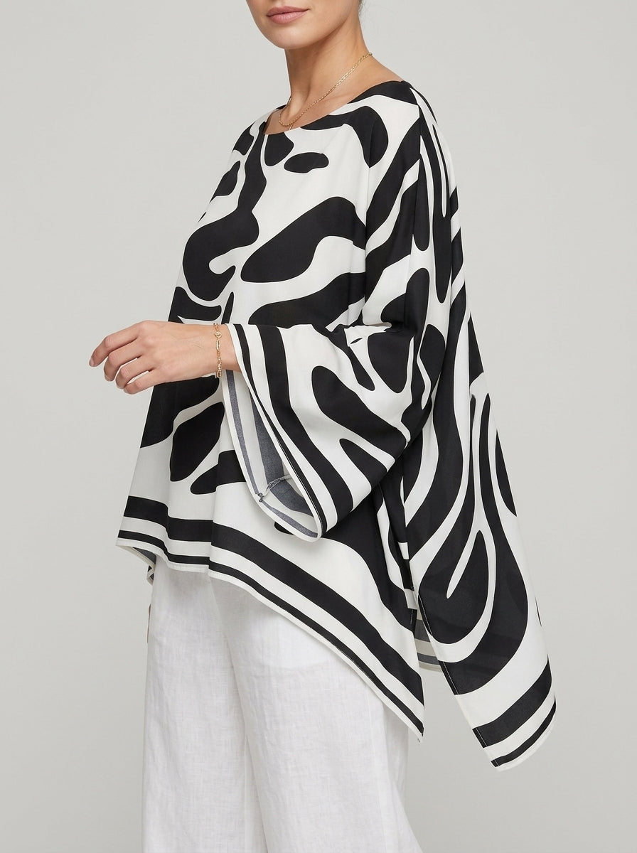 Casual Abstract Swirl Print Asymmetric Hem Top in Black and White - Round Neck Long Sleeve Blouse
