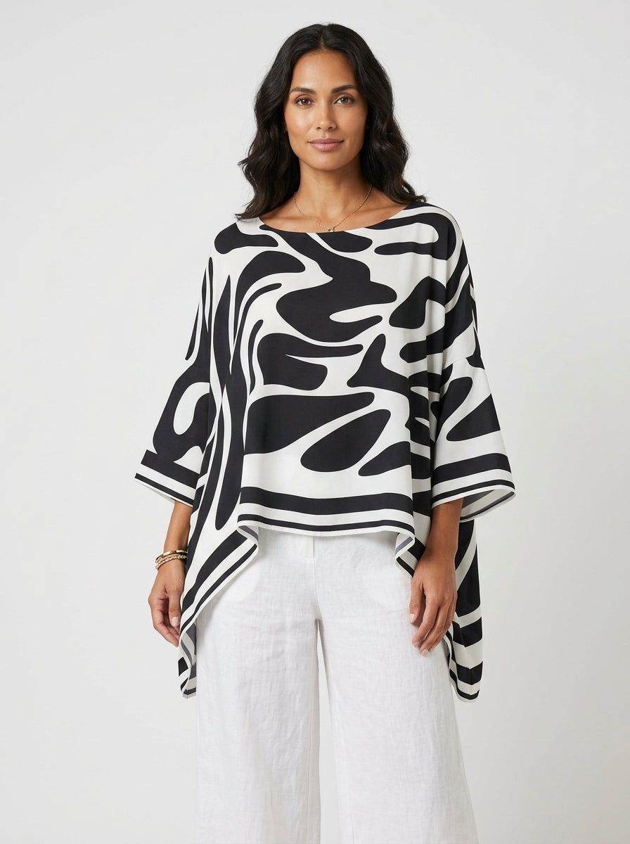 Casual Abstract Swirl Print Asymmetric Hem Top in Black and White - Round Neck Long Sleeve Blouse