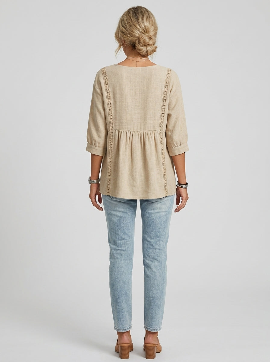 Casual Linen Cotton Lace-Trim Babydoll Blouse in Beige - V-Neck 3/4 Sleeve Top