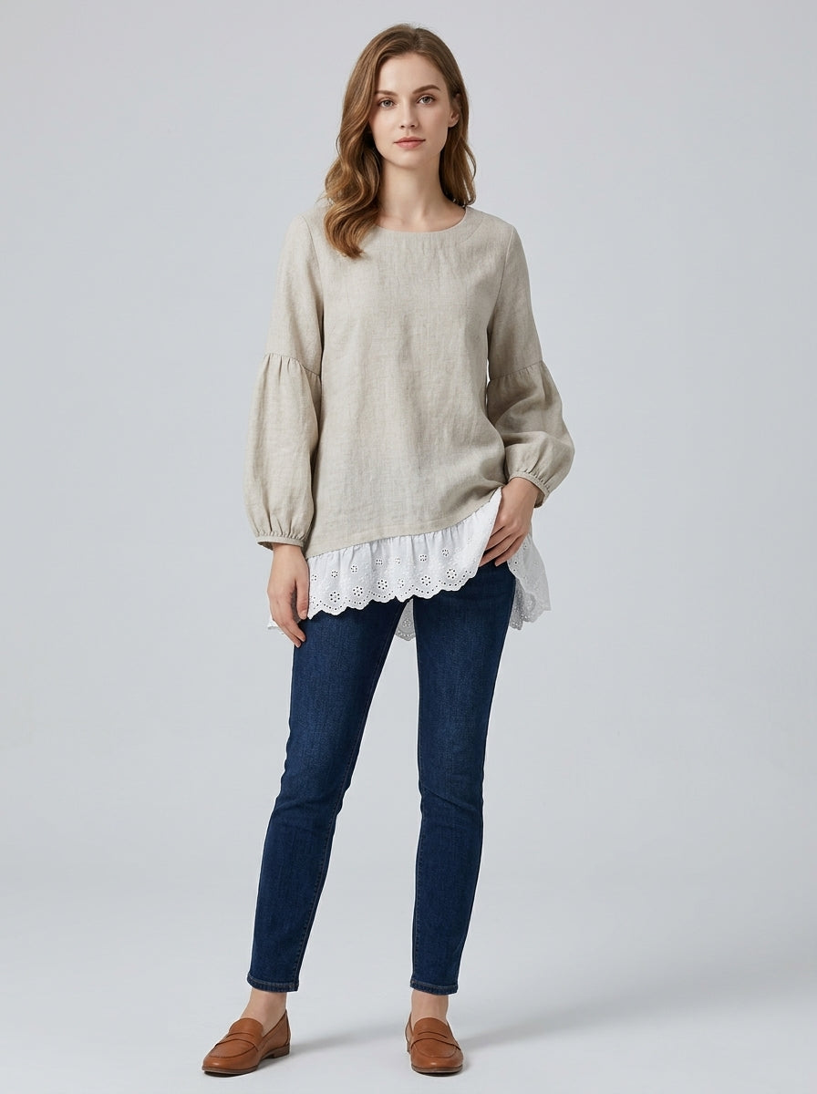 Loose Casual Blouse - Beige Round Neck Lace Ruffle Hem Long Sleeve Top