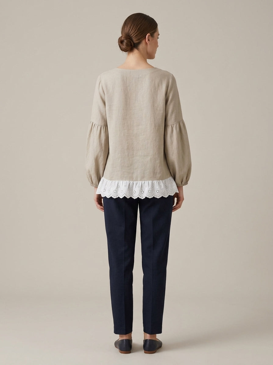 Loose Casual Blouse - Beige Round Neck Lace Ruffle Hem Long Sleeve Top