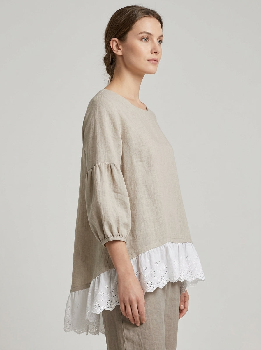 Loose Casual Blouse - Beige Round Neck Lace Ruffle Hem Long Sleeve Top