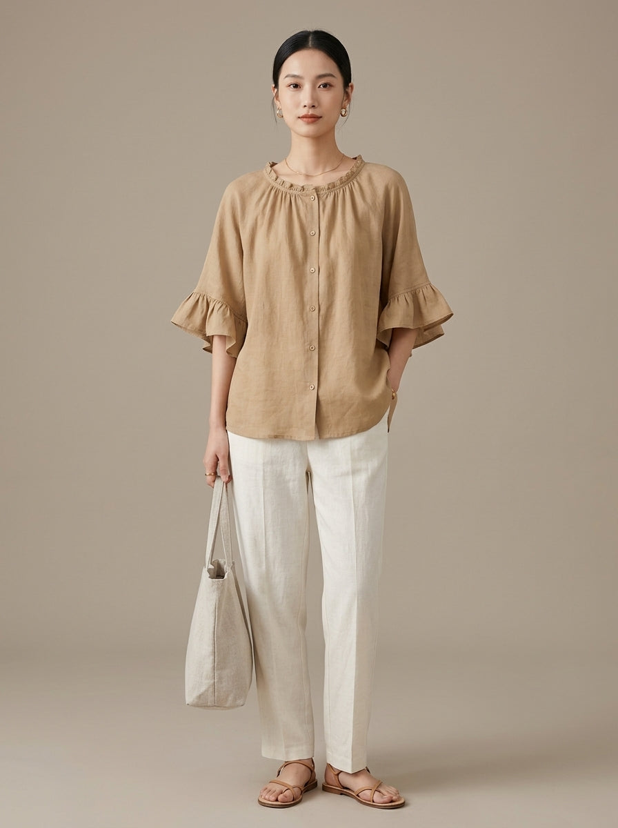 Retro Ruffled Blouse - Beige Round Neck Bell Sleeve Button-Up Top