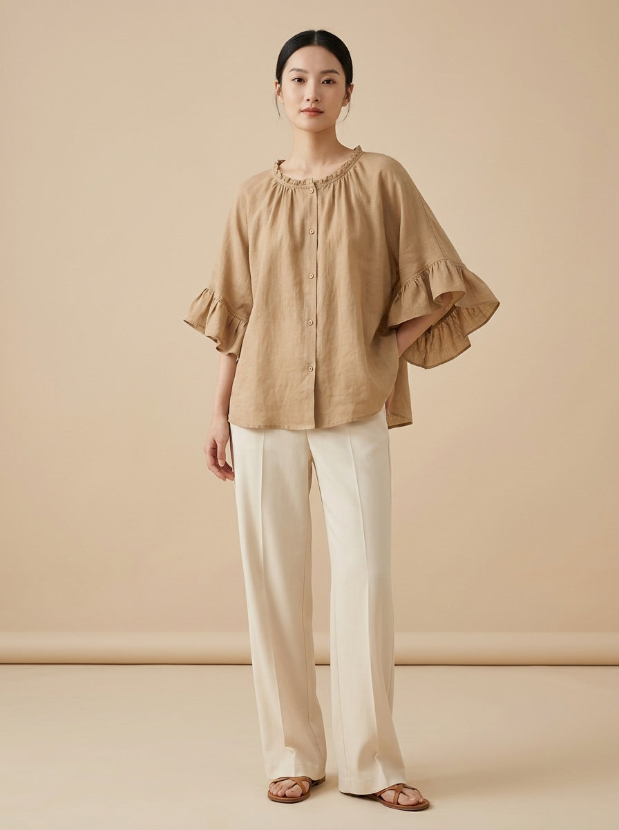Retro Ruffled Blouse - Beige Round Neck Bell Sleeve Button-Up Top
