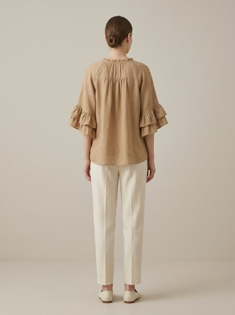 Retro Ruffled Blouse - Beige Round Neck Bell Sleeve Button-Up Top