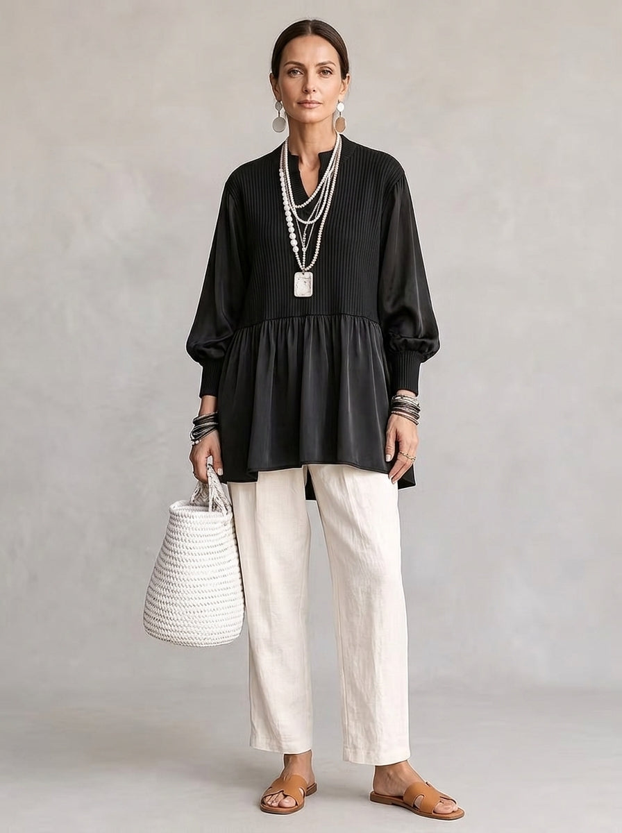 Ribbed Peplum Mixed-Media Tunic - Black Split V-Neck Bishop Sleeve Blouse