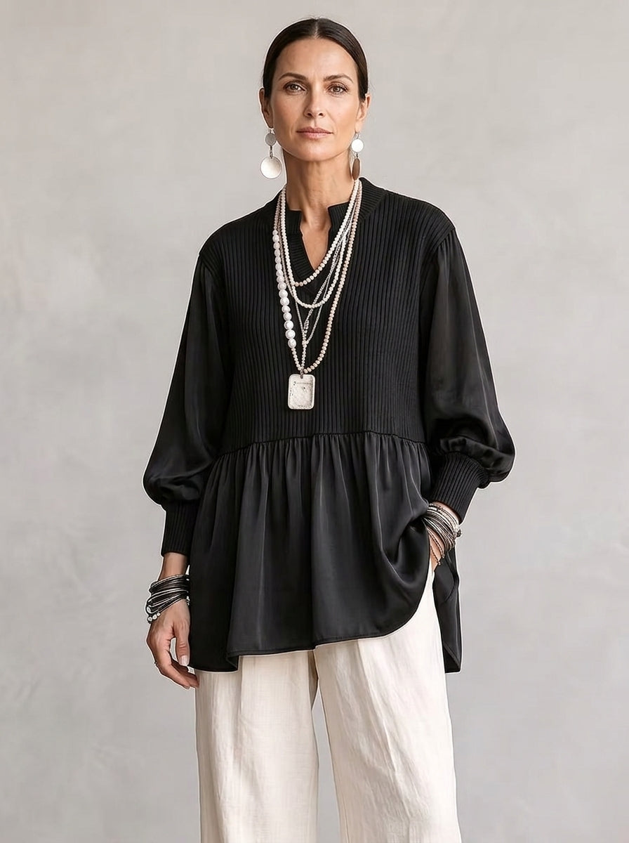 Ribbed Peplum Mixed-Media Tunic - Black Split V-Neck Bishop Sleeve Blouse