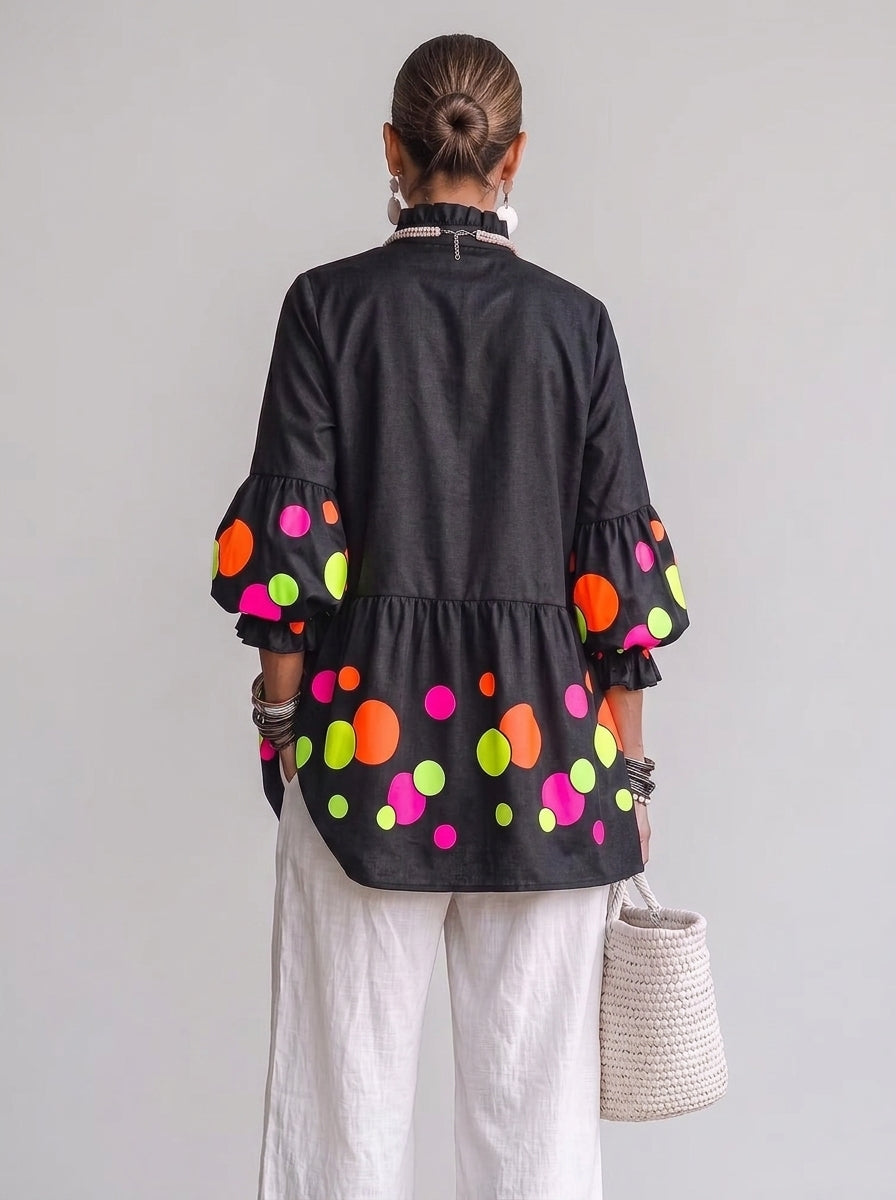 Neon Polka Dot Peplum Tunic - Black Ruffle V-Neck Bishop Sleeve Blouse