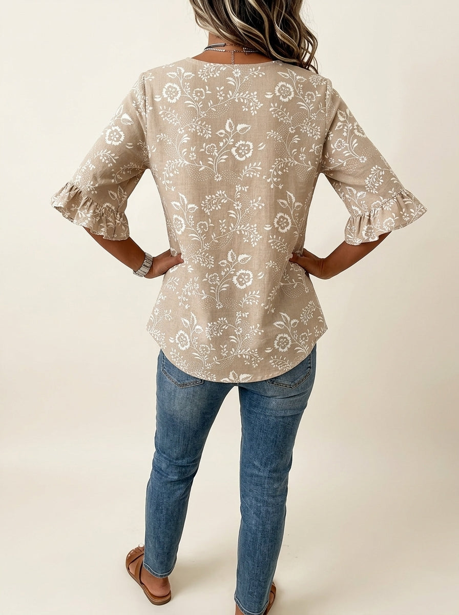 Taupe Floral Print Blouse - Wood Button Ruffle Sleeve V-Neck Top