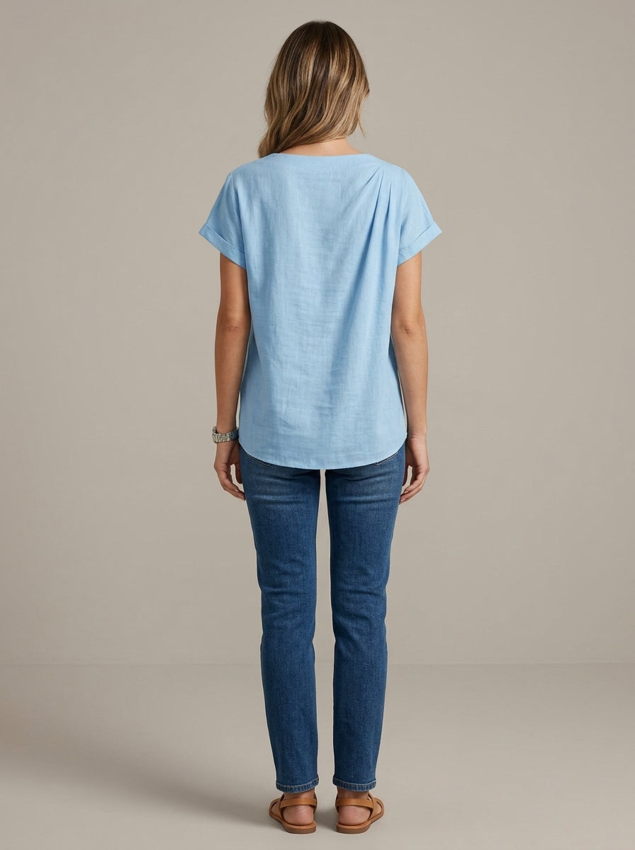 Casual Linen Cotton Tie-Neck Blouse in Light Blue - Short Sleeve Draped Bow Top