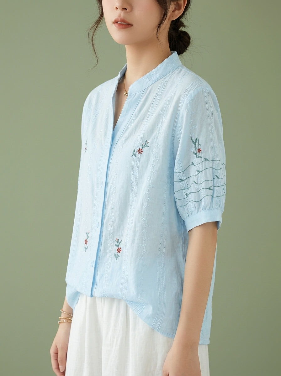 Vintage Embroidered Cotton Blouse - Blue Mandarin Collar Short Sleeve Top