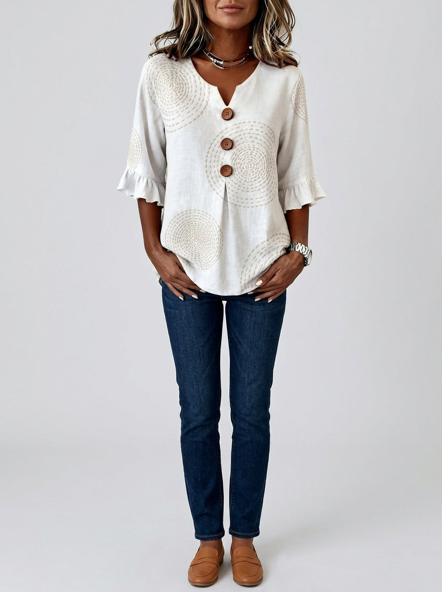 White Circle Print Wood Button Blouse - Ruffle Sleeve V-Neck Top