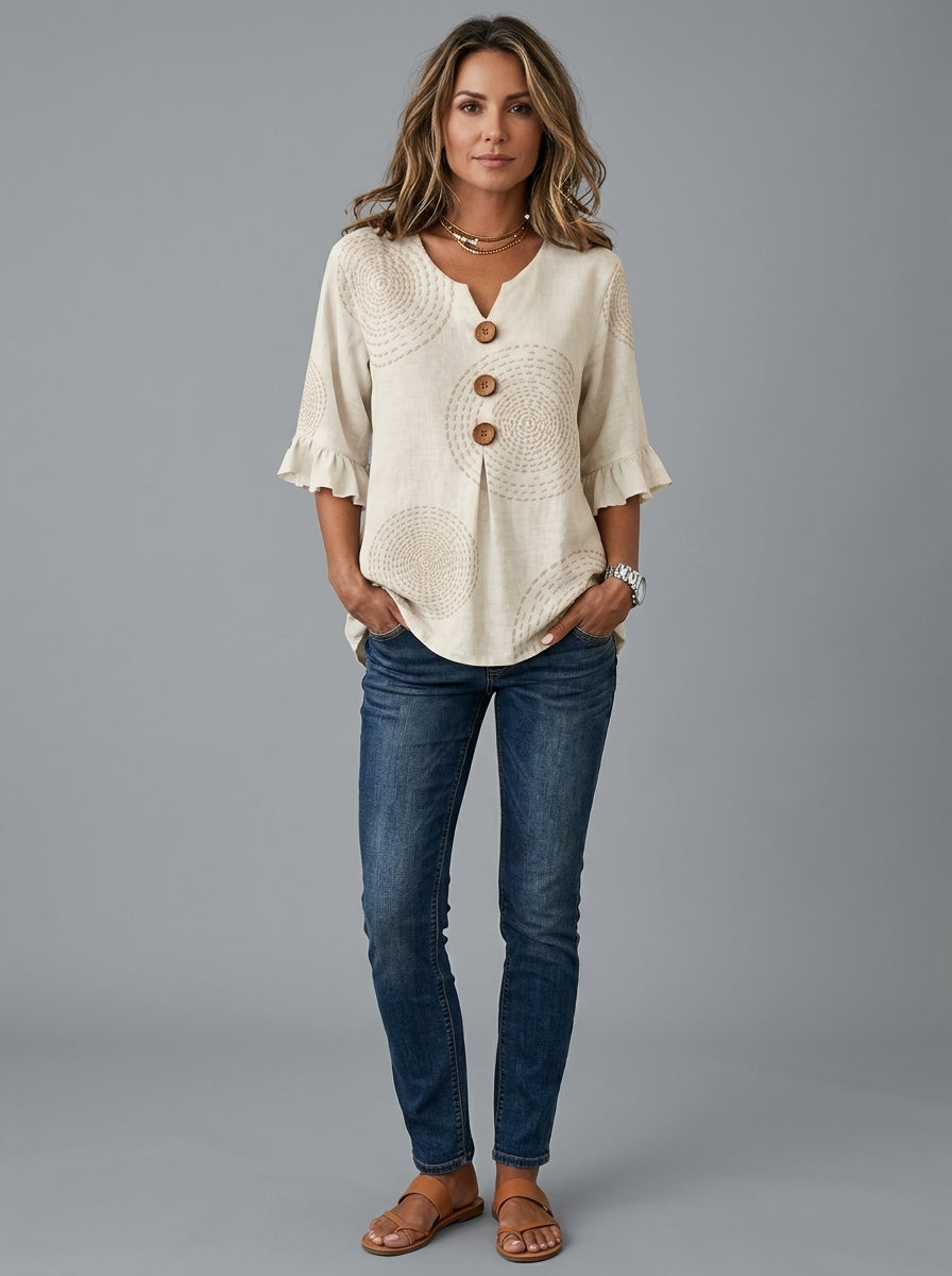 White Circle Print Wood Button Blouse - Ruffle Sleeve V-Neck Top