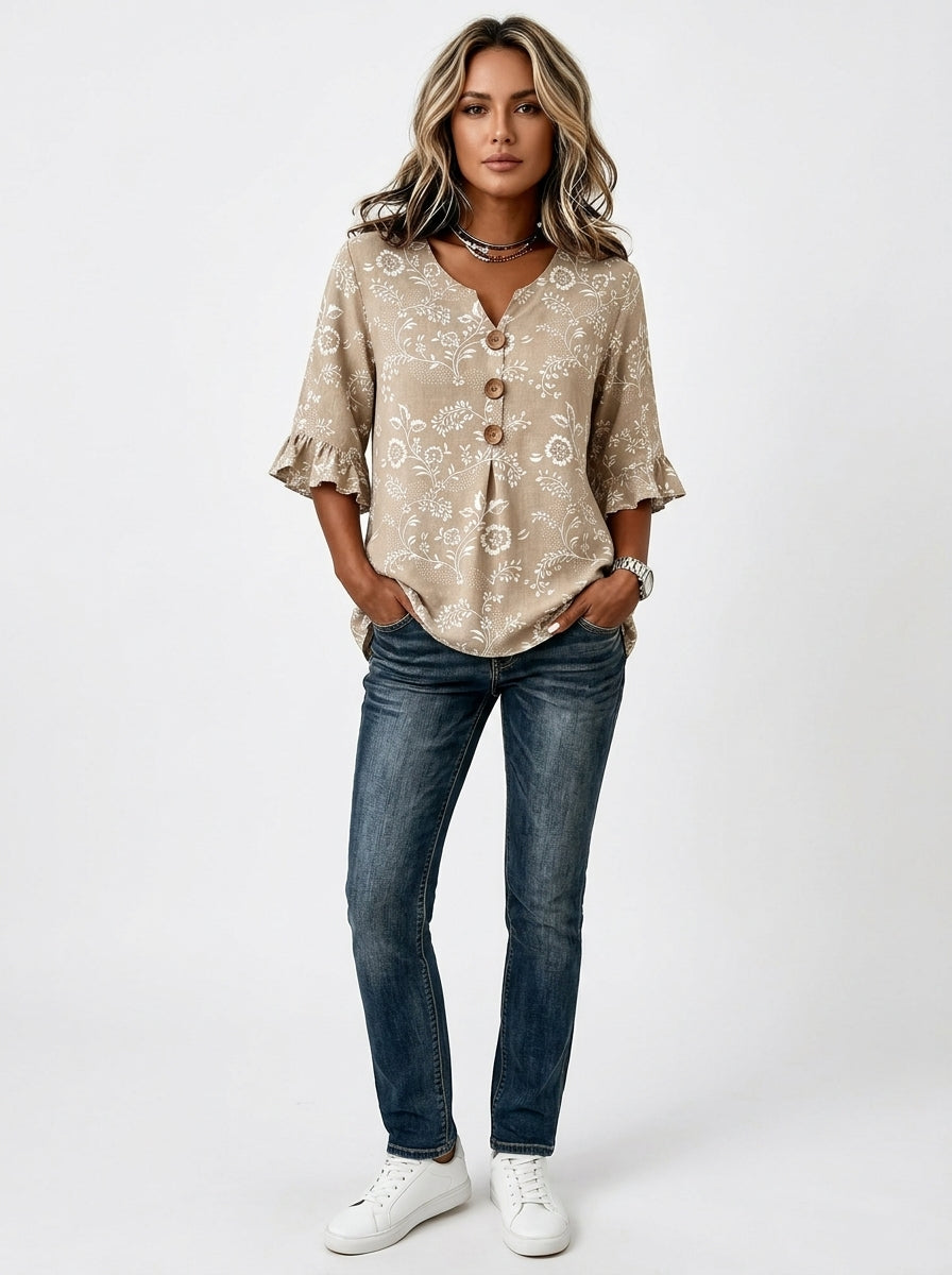 Taupe Floral Print Blouse - Wood Button Ruffle Sleeve V-Neck Top