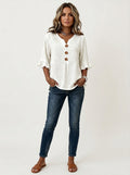 White Tonal Damask Print Blouse - Wood Button Ruffle Sleeve V-Neck