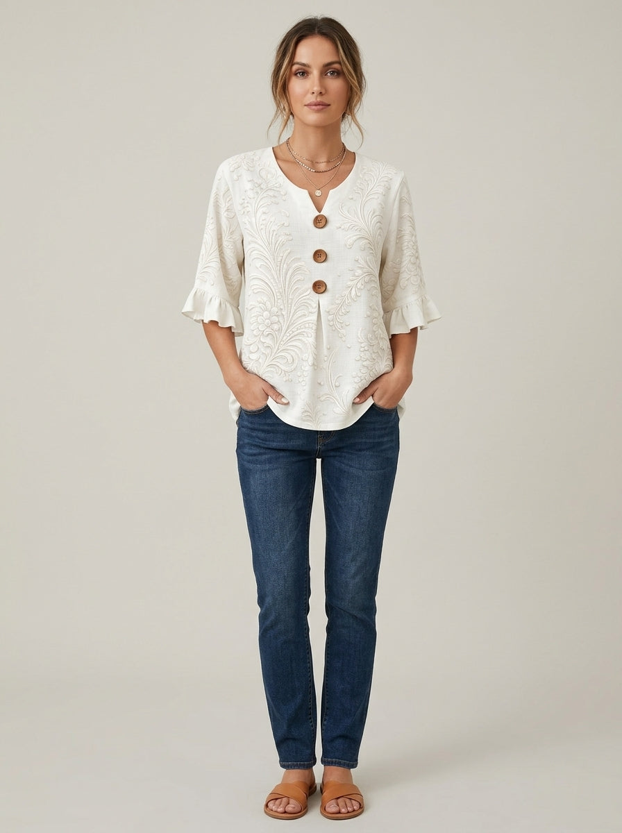 White Tonal Damask Print Blouse - Wood Button Ruffle Sleeve V-Neck