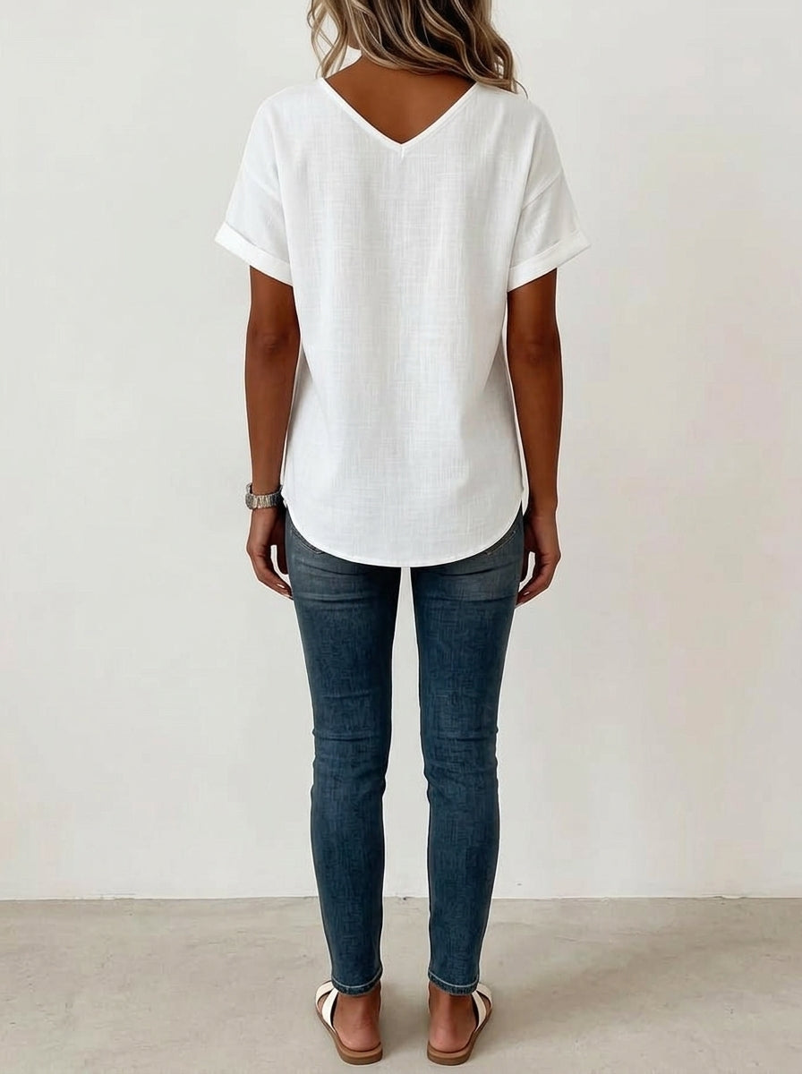 White Asymmetric Button Blouse - V-Neck Patch Pocket Casual Top
