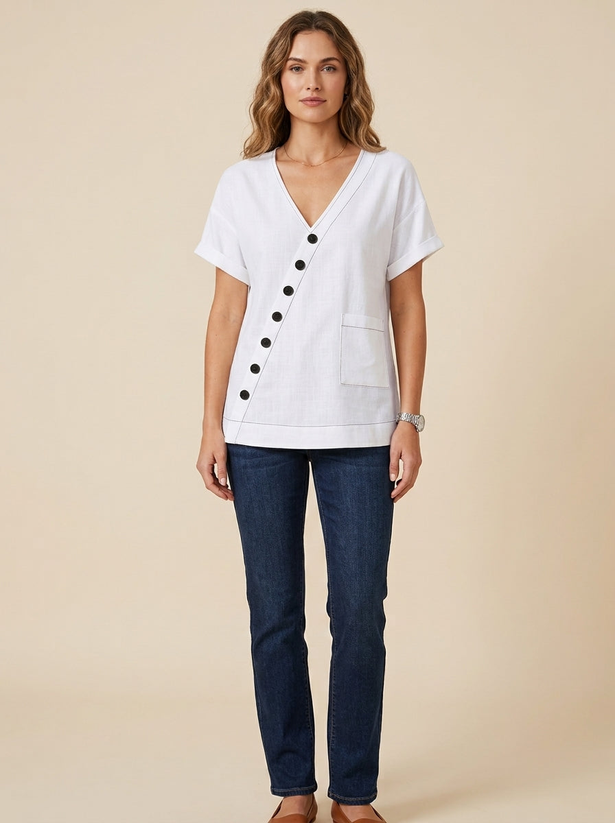 White Asymmetric Button Blouse - V-Neck Patch Pocket Casual Top