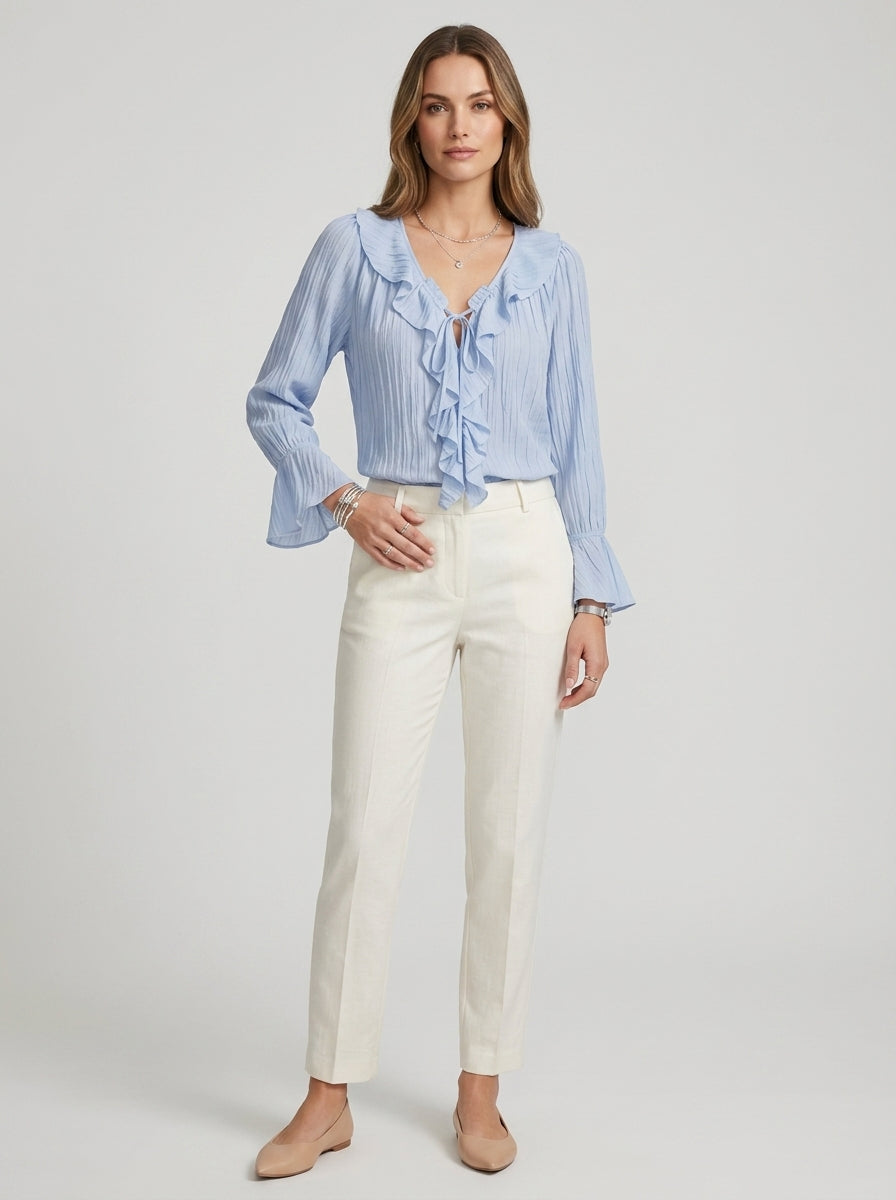 Ruffled Tie-Neck Textured Blouse - Light Blue Bell Sleeve Crinkle Top