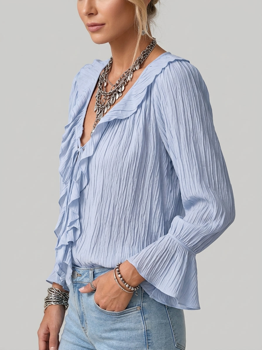 Ruffled Tie-Neck Textured Blouse - Light Blue Bell Sleeve Crinkle Top