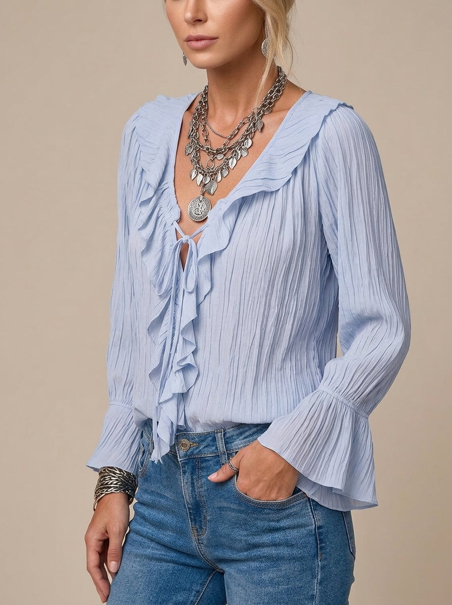 Ruffled Tie-Neck Textured Blouse - Light Blue Bell Sleeve Crinkle Top