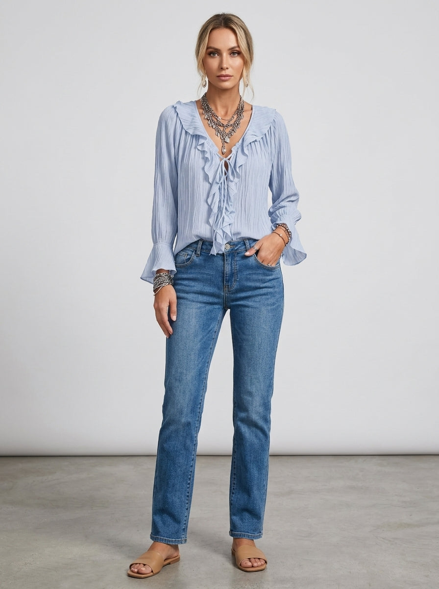 Ruffled Tie-Neck Textured Blouse - Light Blue Bell Sleeve Crinkle Top