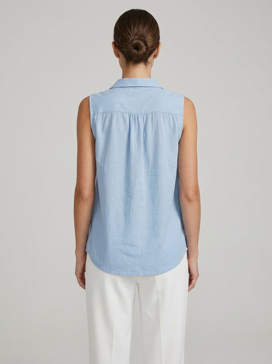 Light Blue Tie-Neck Collared Blouse - Sleeveless Cotton Top