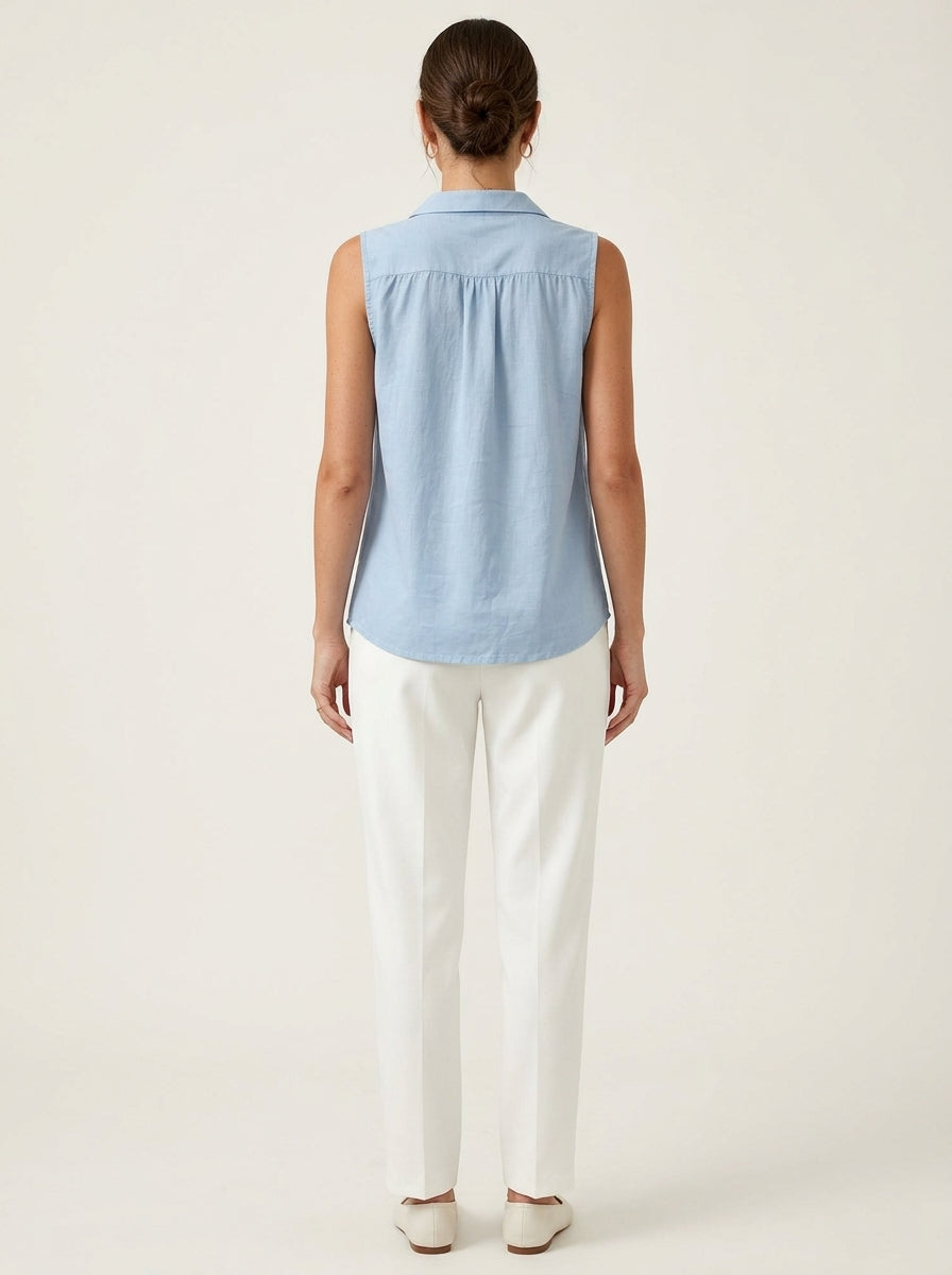 Light Blue Tie-Neck Collared Blouse - Sleeveless Cotton Top