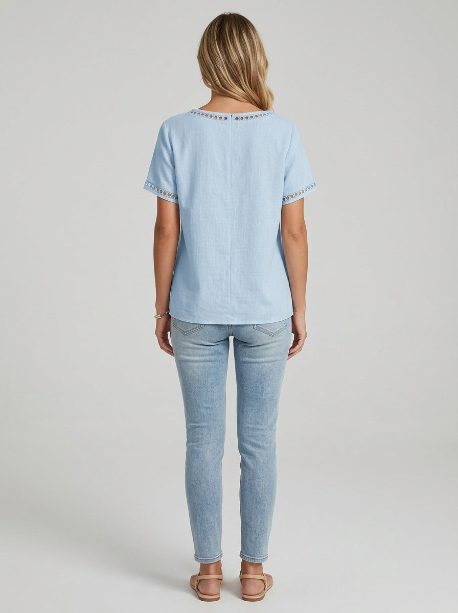 Blue Eyelet Trim V-Neck Blouse - Faux Wrap Short Sleeve Cotton Top