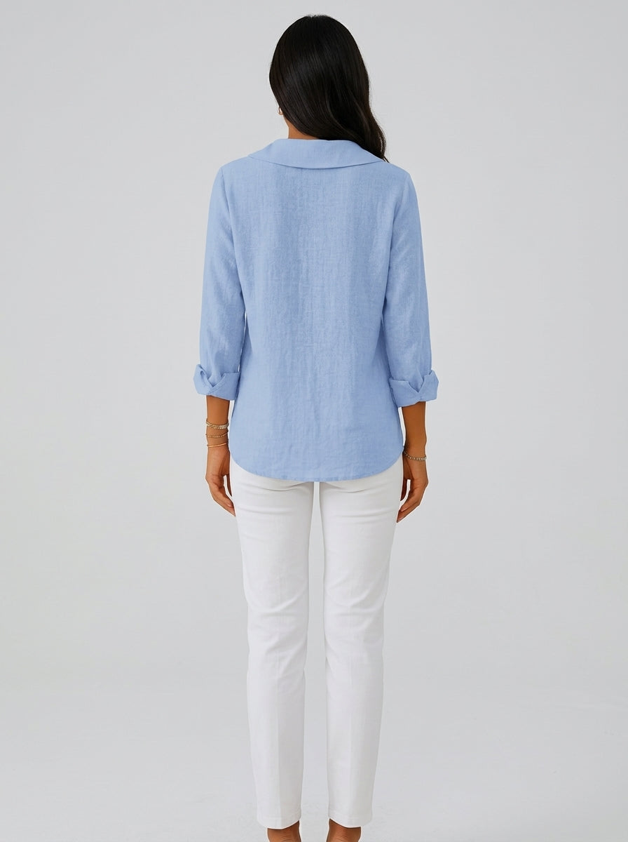 Light Blue Tie-Neck Blouse - Long Sleeve Notched Collar Casual Top