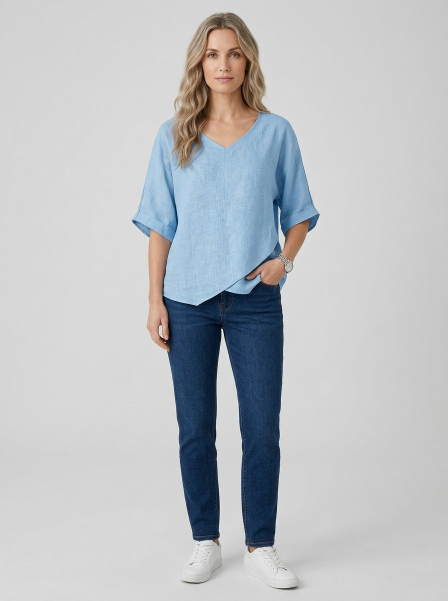 Light Blue V-Neck Blouse - Dolman Sleeve Asymmetric Hem Top