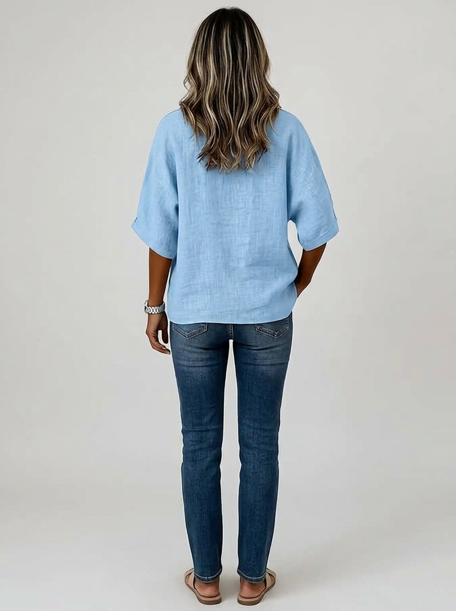 Light Blue V-Neck Blouse - Dolman Sleeve Asymmetric Hem Top