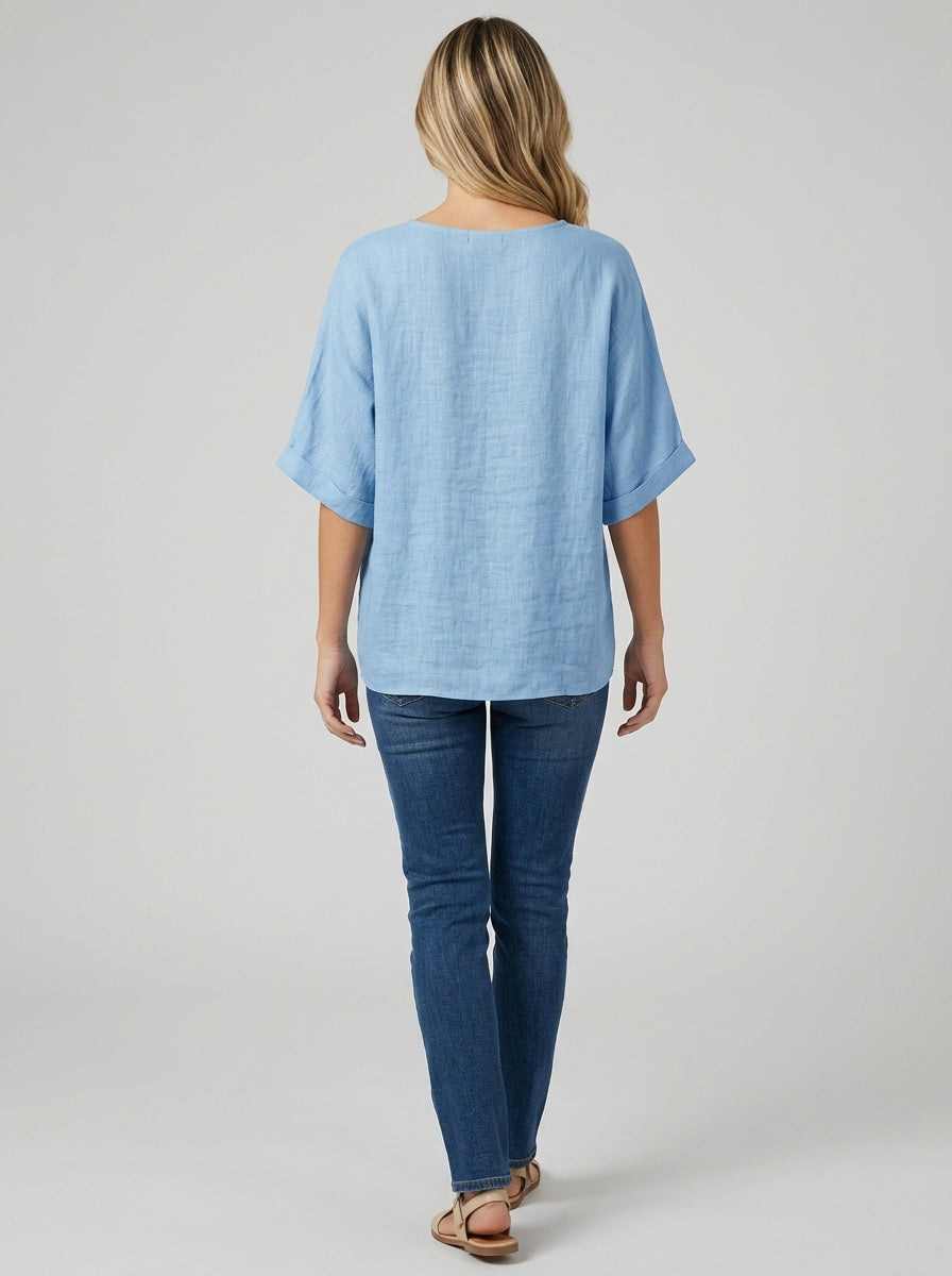 Light Blue V-Neck Blouse - Dolman Sleeve Asymmetric Hem Top