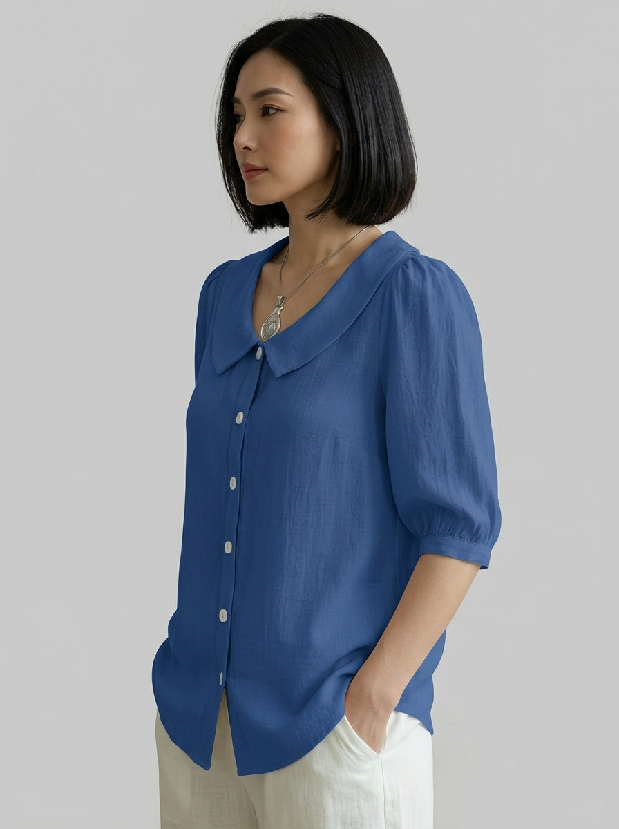 Retro Cotton Peter Pan Collar Button-Up Top in Blue - 3/4 Sleeve Relaxed Fit Blouse