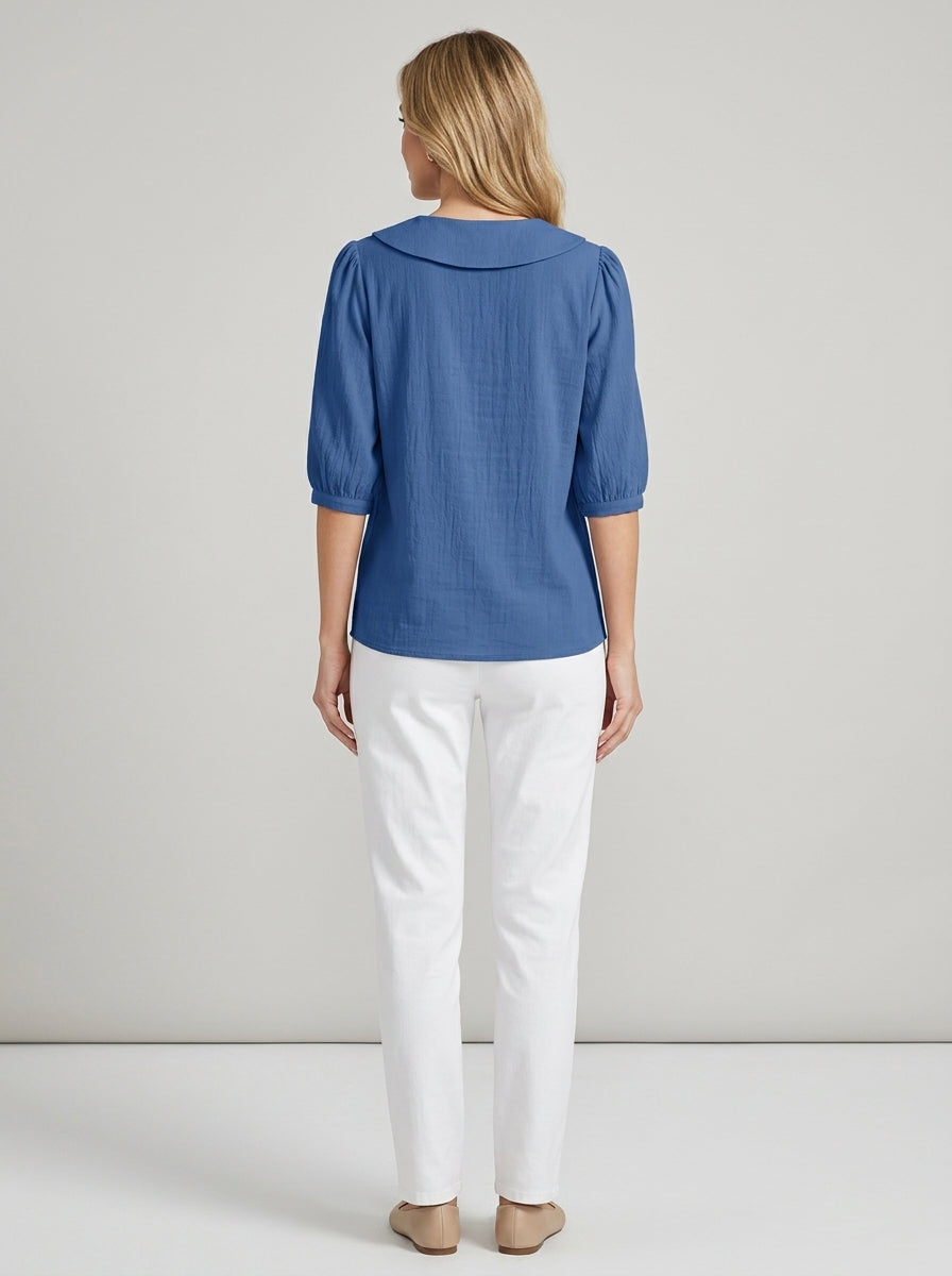 Retro Cotton Peter Pan Collar Button-Up Top in Blue - 3/4 Sleeve Relaxed Fit Blouse