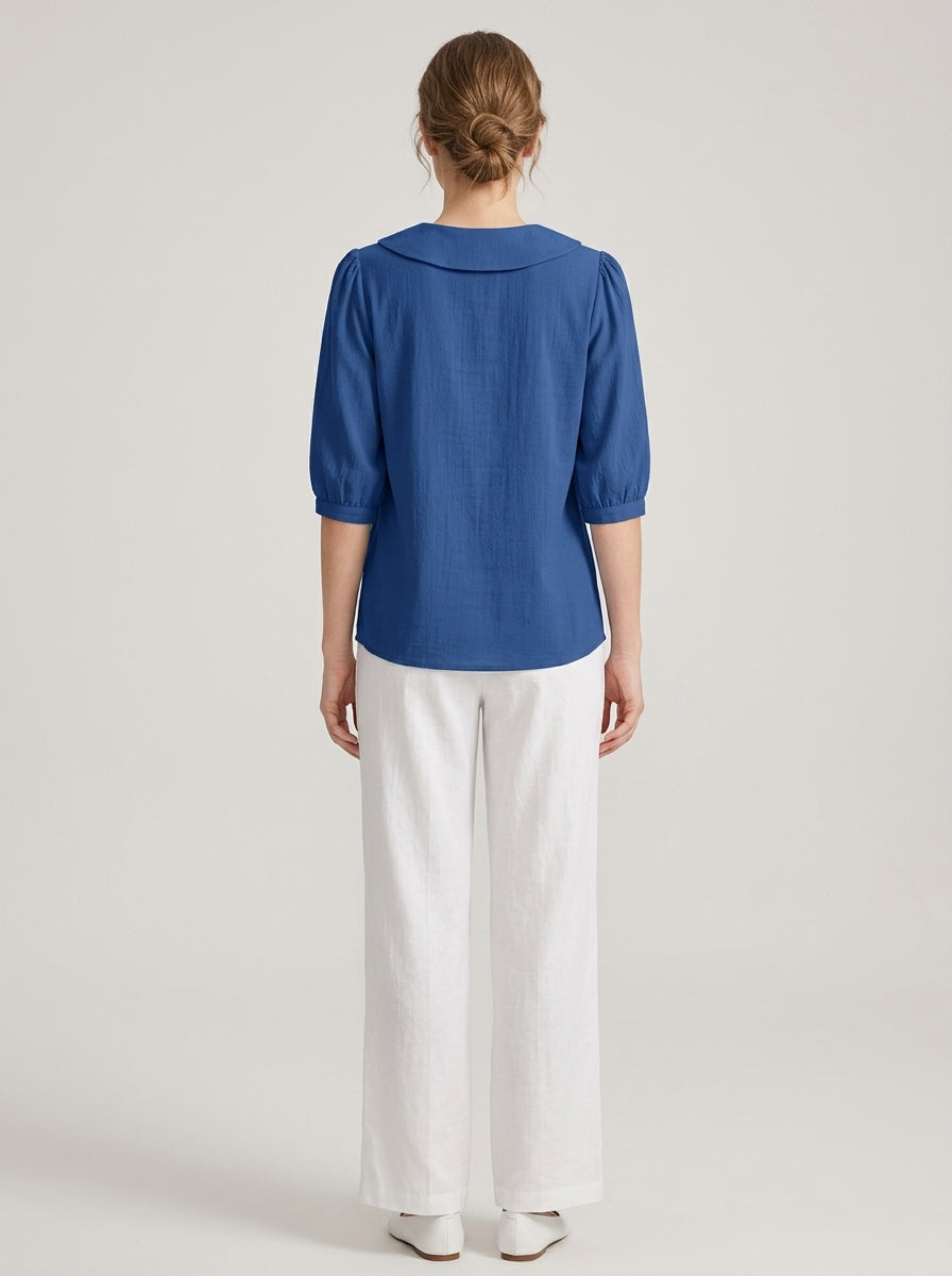 Retro Cotton Peter Pan Collar Button-Up Top in Blue - 3/4 Sleeve Relaxed Fit Blouse