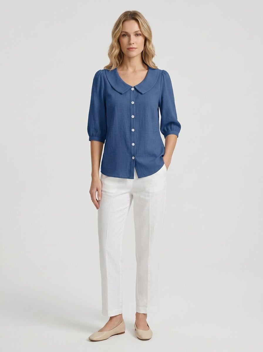 Retro Cotton Peter Pan Collar Button-Up Top in Blue - 3/4 Sleeve Relaxed Fit Blouse