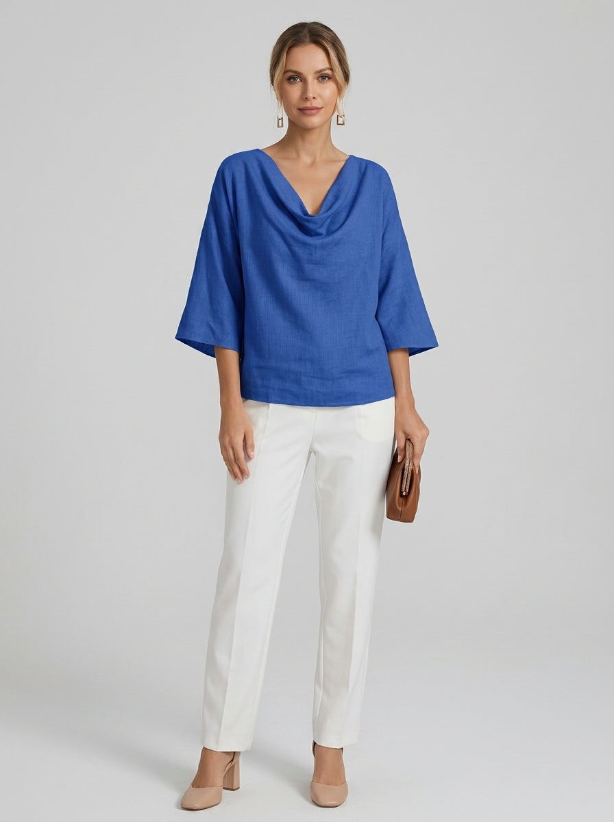 Elegant Cotton Linen Blouse - Blue Cowl Neck 3/4 Sleeve Top