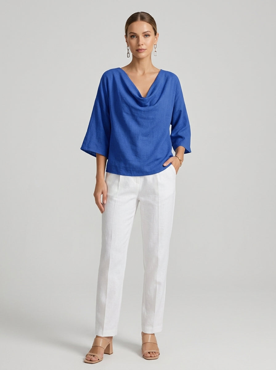 Elegant Cotton Linen Blouse - Blue Cowl Neck 3/4 Sleeve Top